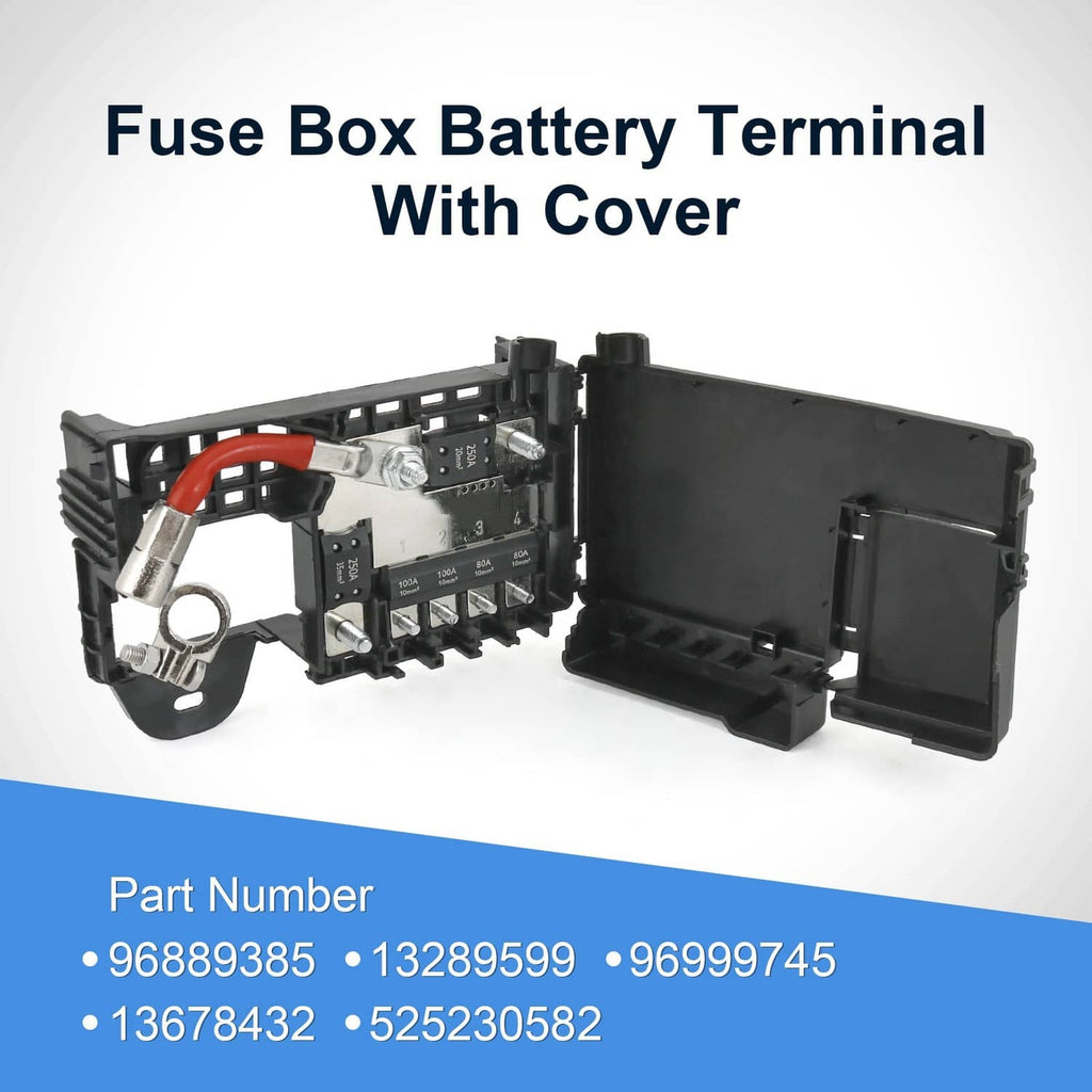Fuse box battery terminal with cover, exposed fuse cartridges and metal connectors