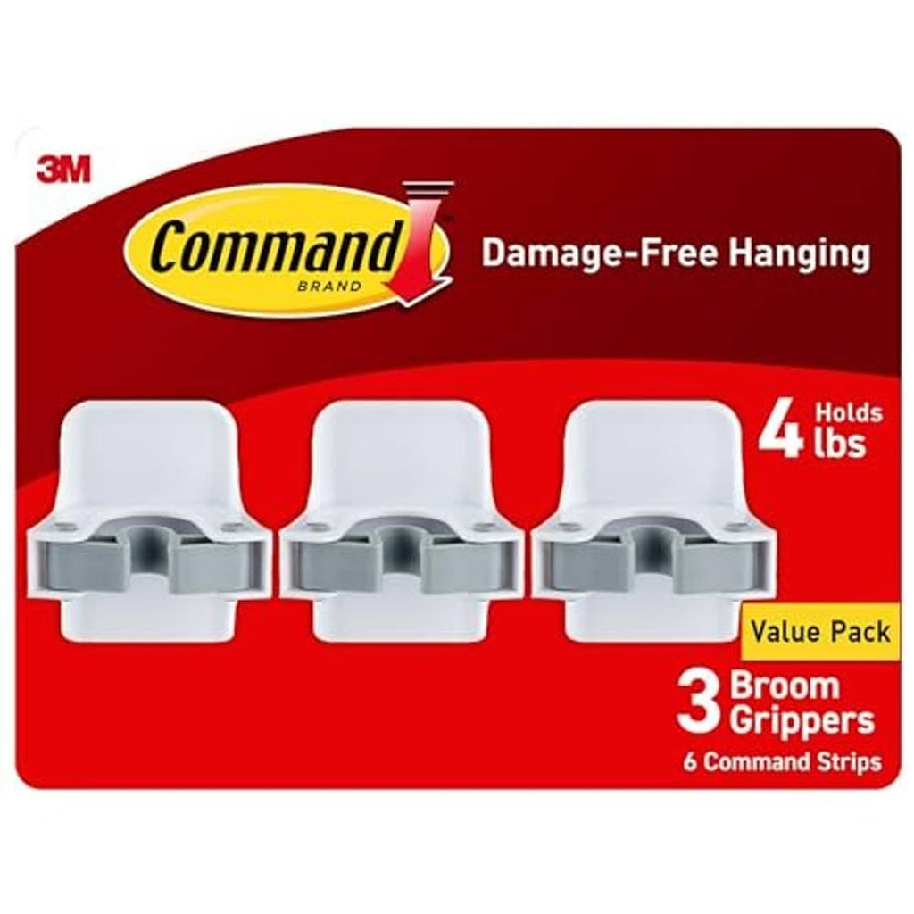 3-pack broom grippers on card: three white hangers with gray handle clips