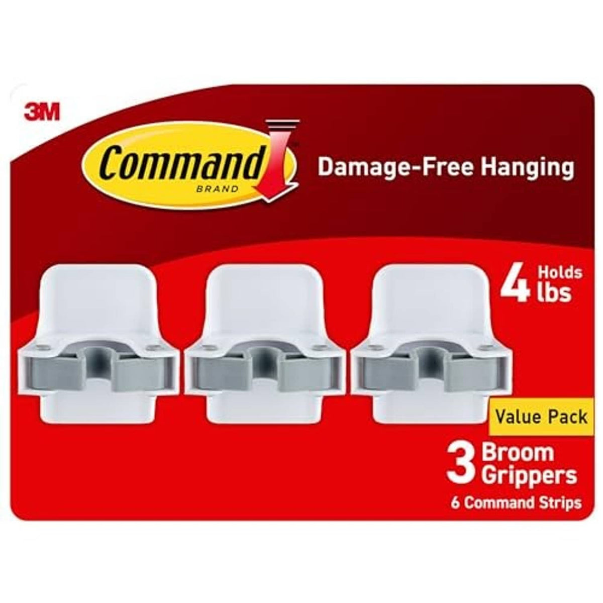 3-pack broom grippers on card: three white hangers with gray handle clips