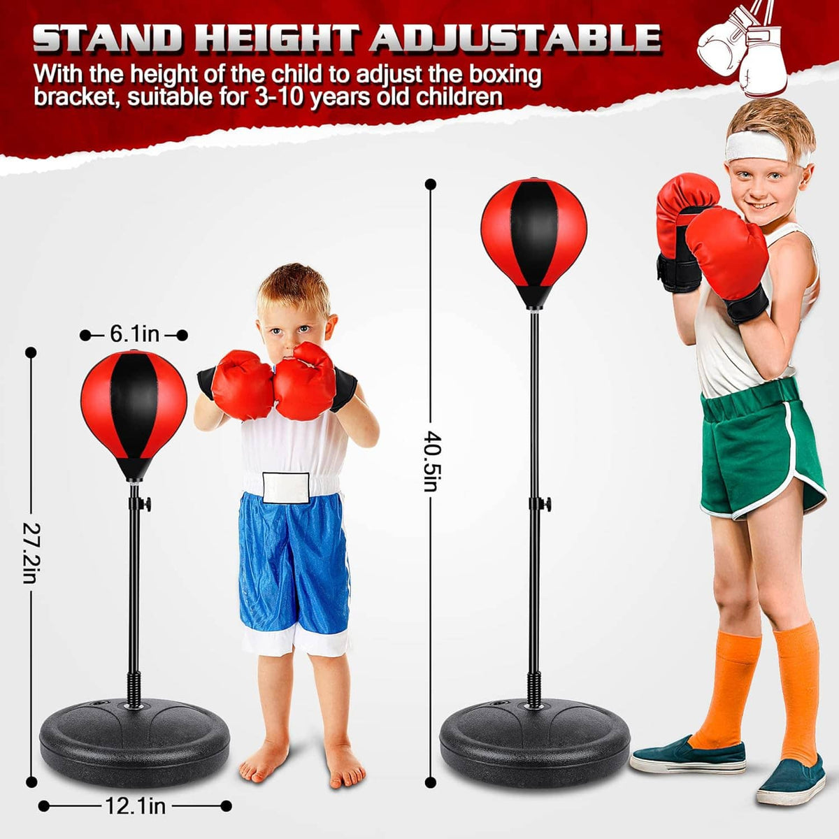 Adjustable kids punching bag stand with red-and-black ball and two boxing gloves