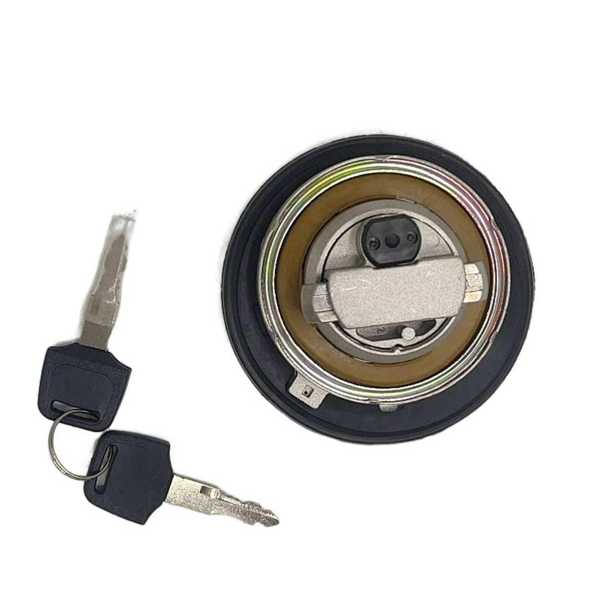Fuel tank cap underside with visible lock mechanism, ring seal and two keys