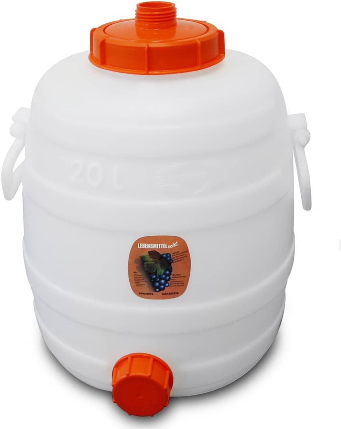 20L plastic fermentation vessel, white jug with orange lid and front orange dispensing tap