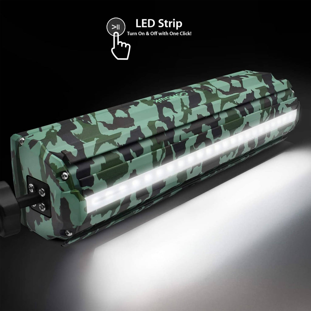 Camo green waterproof speaker bar with bright white LED strip across the front