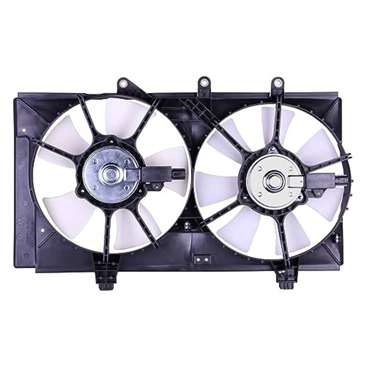 Radiator cooling fan assembly from behind with dual motors and white fan blades