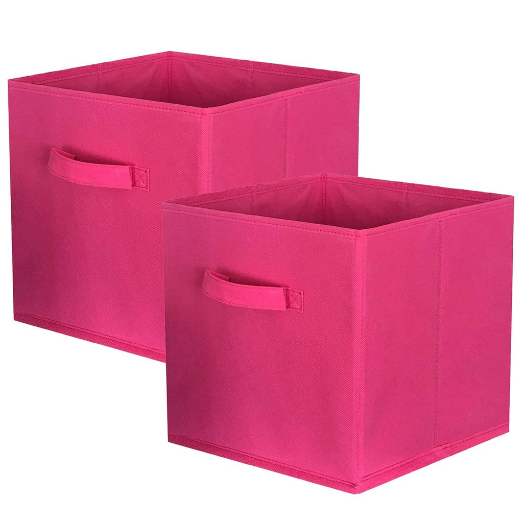 Two fuchsia foldable fabric storage cubes with open tops and stitched handles