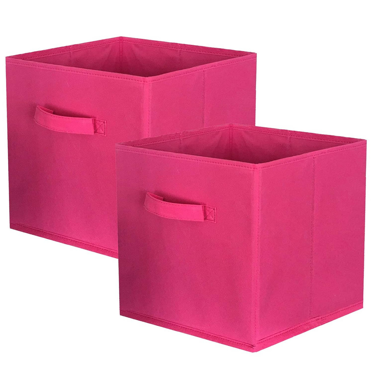 Two fuchsia foldable fabric storage cubes with open tops and stitched handles