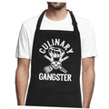 Black chef apron with skull and utensils graphic, front straps and bib fit.
