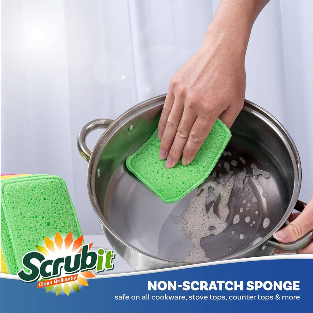 Green non-scratch scrub sponge pad held over a pot for cleaning cookware