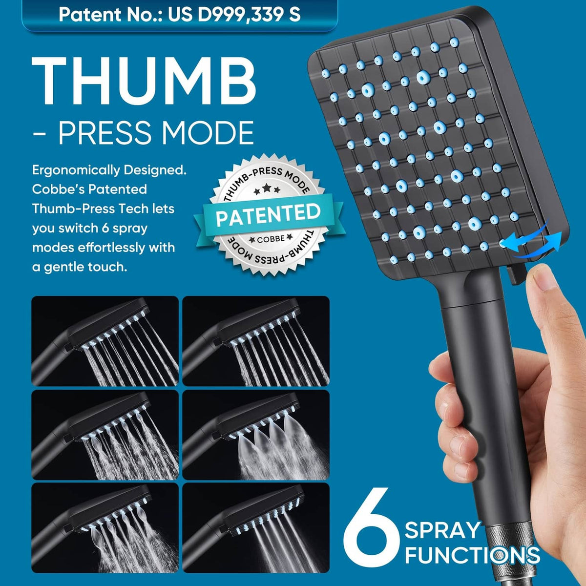 Matte black handheld shower head with multi-setting nozzle panel and press mode icon