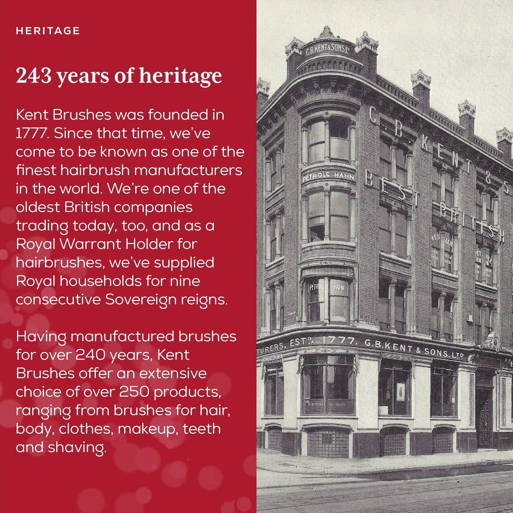 Kent hair comb branding on a heritage-style product panel with company history