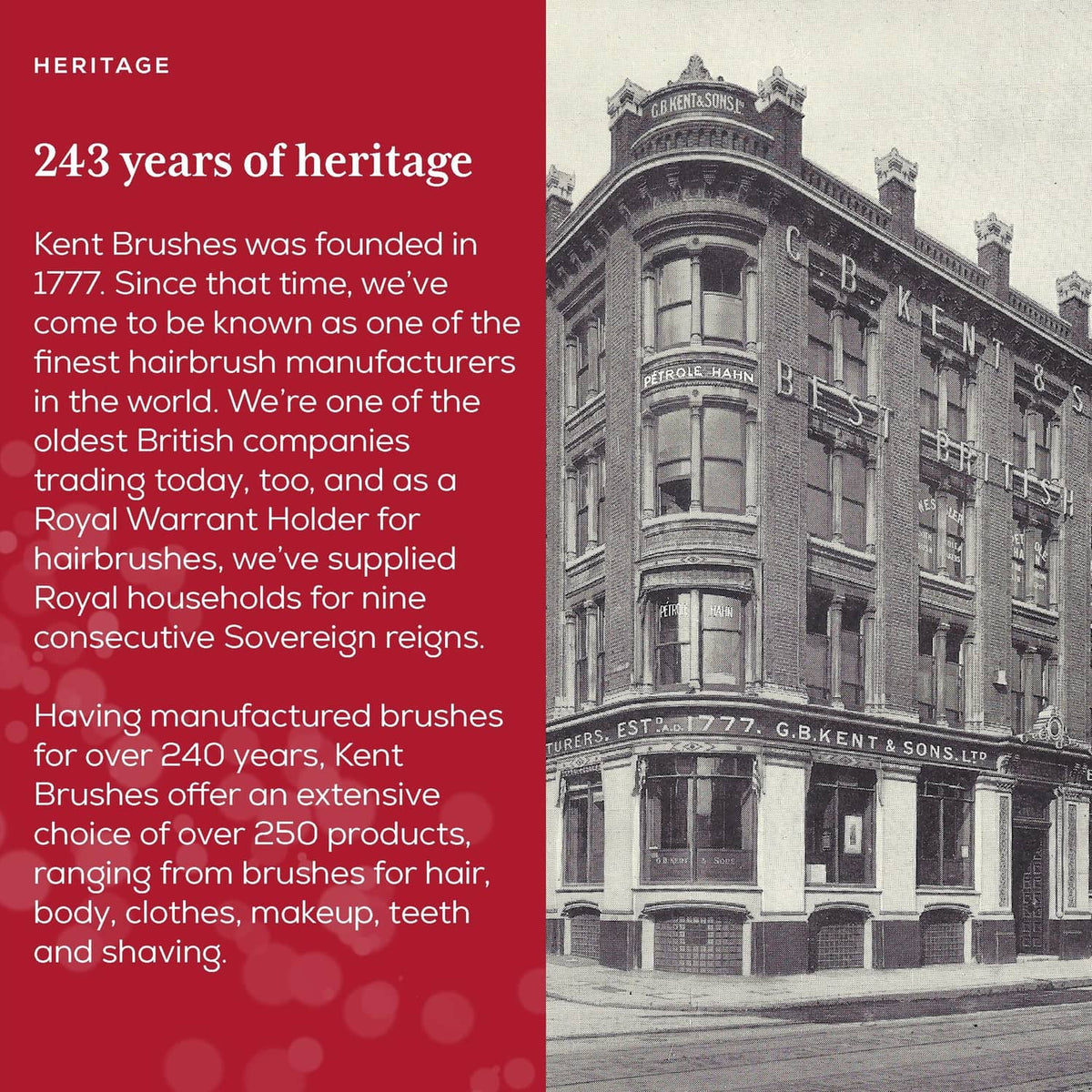 Kent hair comb branding on a heritage-style product panel with company history