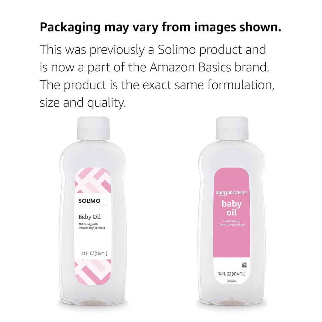 Baby oil bottle pair, white plastic with pink label, screw caps, 14 fl oz (414 ml)