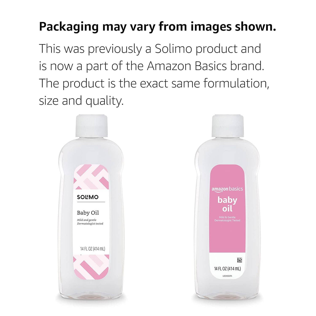 Baby oil bottle pair, white plastic with pink label, screw caps, 14 fl oz (414 ml)