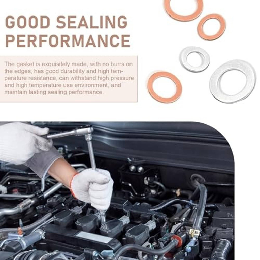 Oil drain plug gasket set shown beside engine bay with mechanic gloves installing