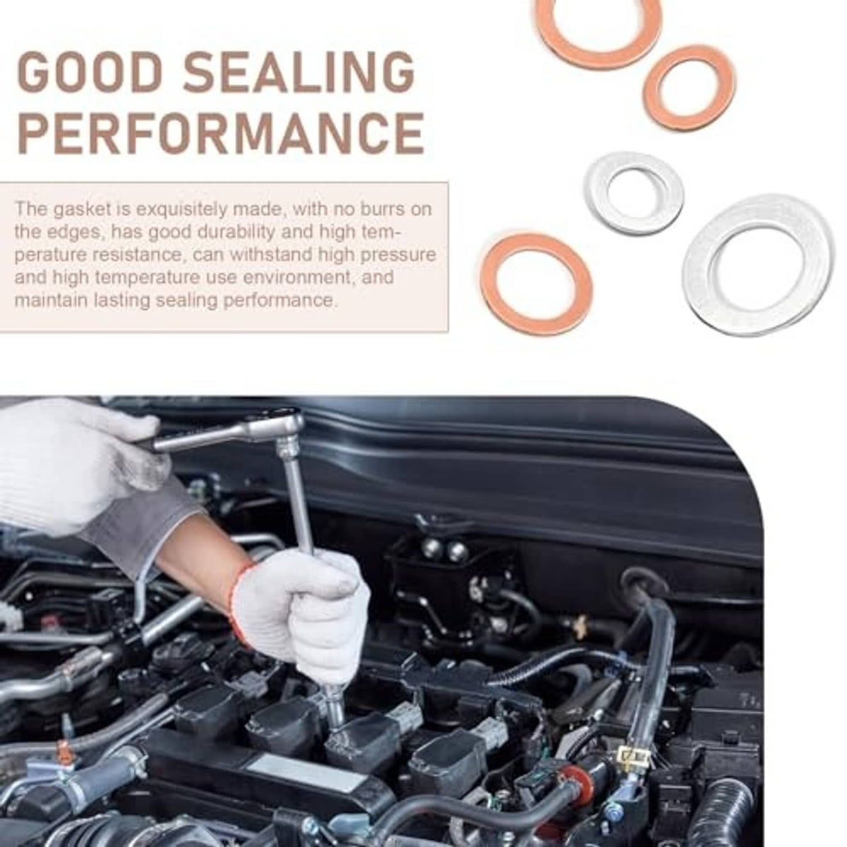 Oil drain plug gasket set shown beside engine bay with mechanic gloves installing
