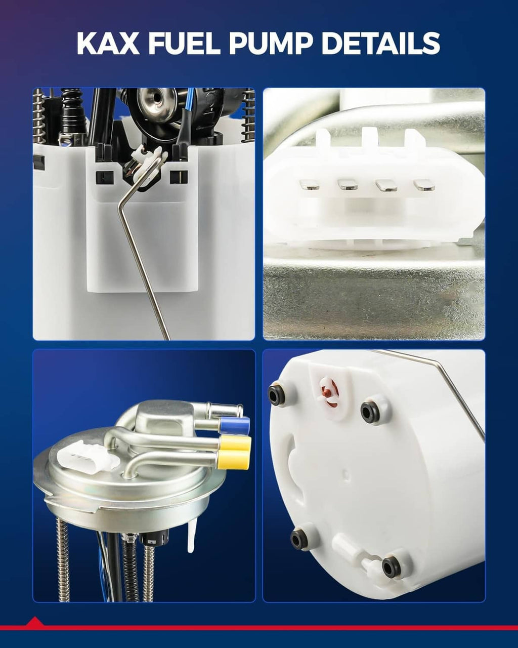 Fuel pump module with white connector and visible electrical terminals