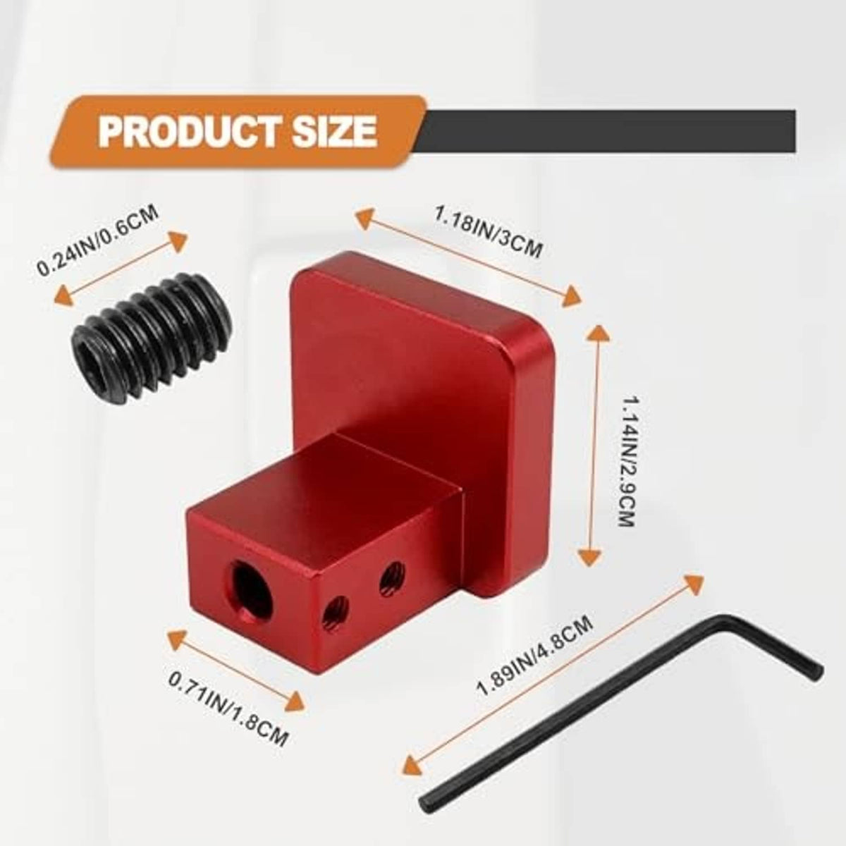 Red latch release handle bracket kit with screws and hex key, labeled dimensions