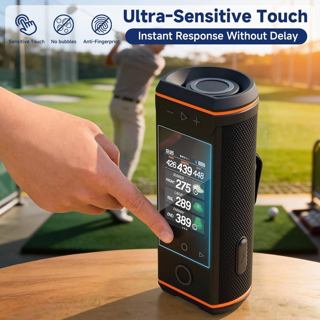Tempered glass screen protector on GPS speaker touchscreen, hand tapping display