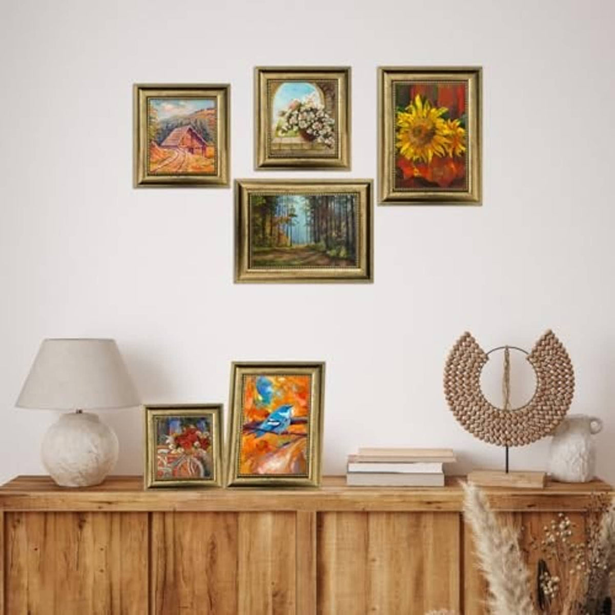 Multiple ornate gold 5x7 picture frames with real glass displaying photos