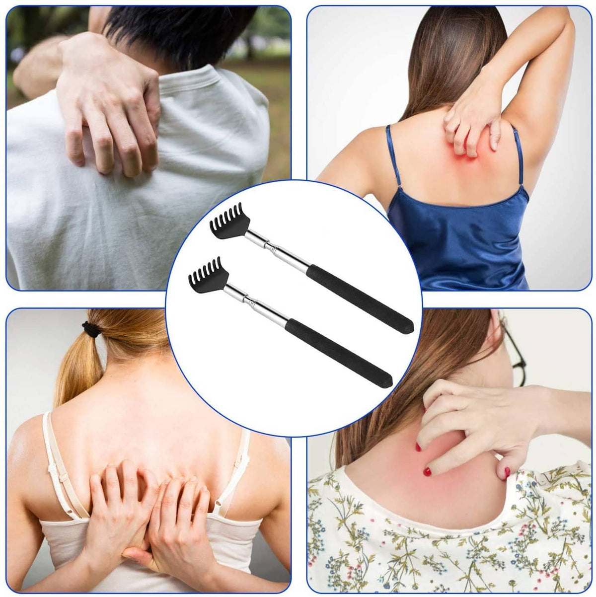 Telescoping back scratcher with black handle and metal comb head for body scratching