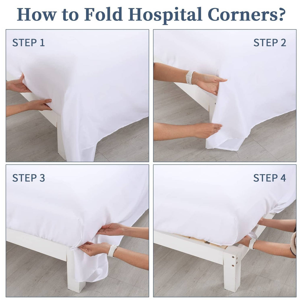Hands folding a white flat sheet onto a bed using hospital corners