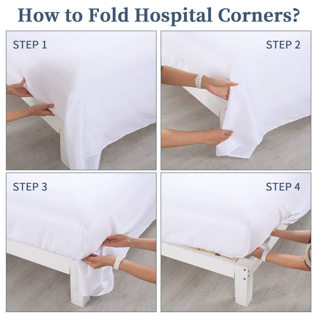 Hands folding a white flat sheet onto a bed using hospital corners