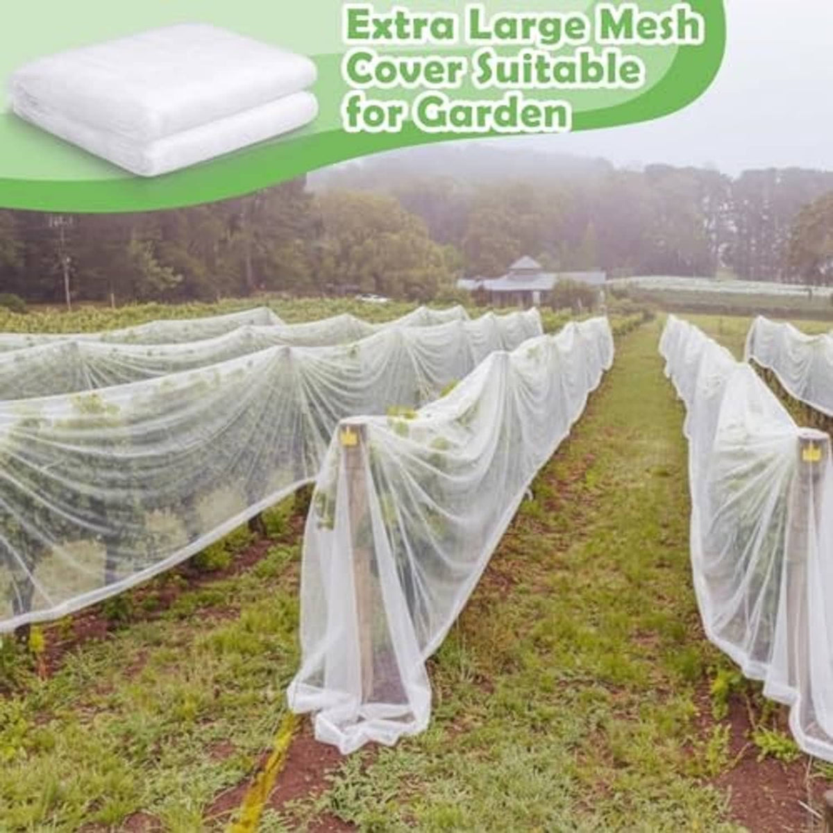 Extra-large white mesh cover for garden rows, protecting plants