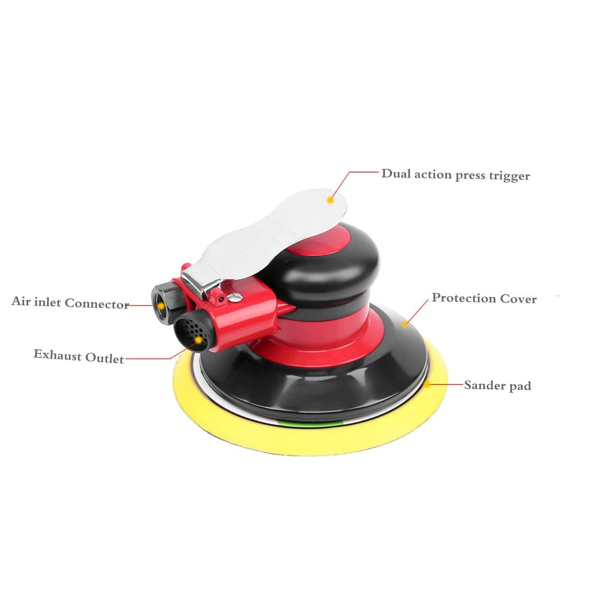 Pneumatic dual-action palm sander with yellow pad, red trigger, and protective cover