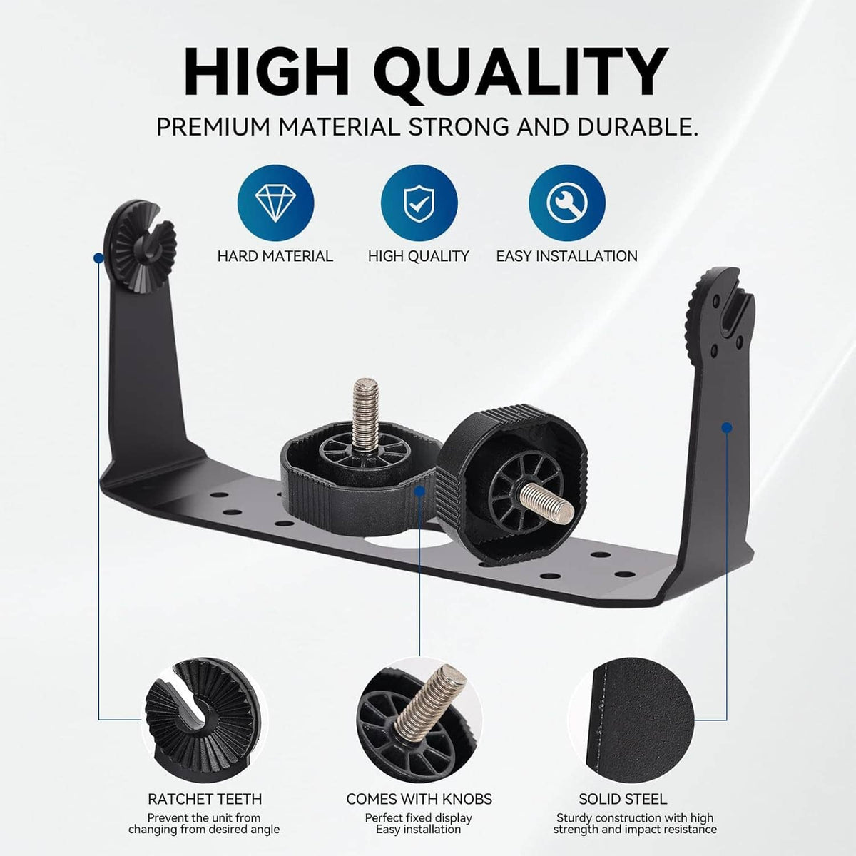 Black gimbal bracket with knob set, metal bolts, and mounting plate holes