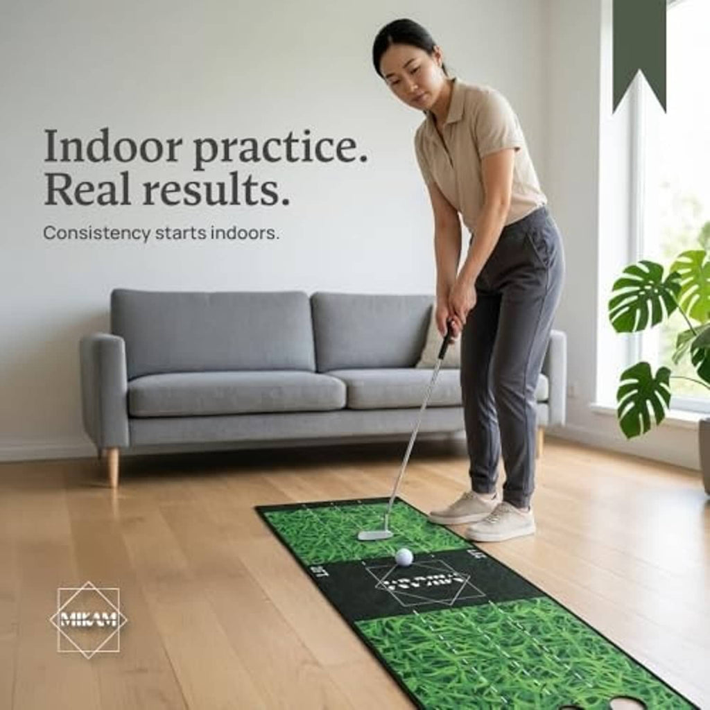 Indoor golf putting mat with green grass texture, black target box and white alignment lines
