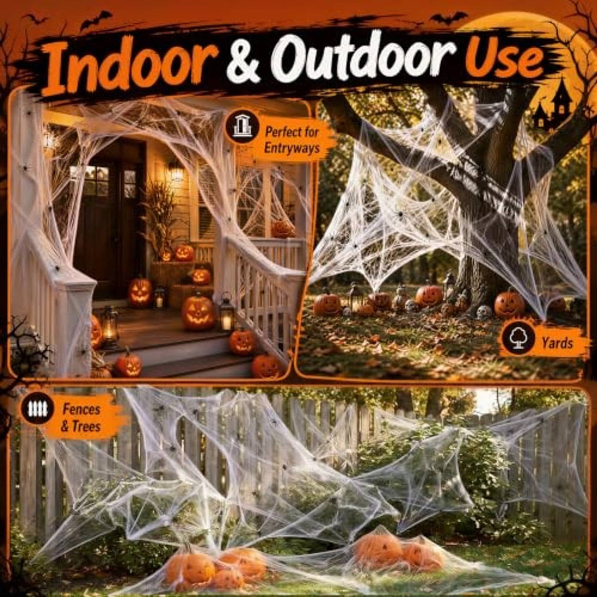 White spider webbing over doorways and yard fence with pumpkins and lights