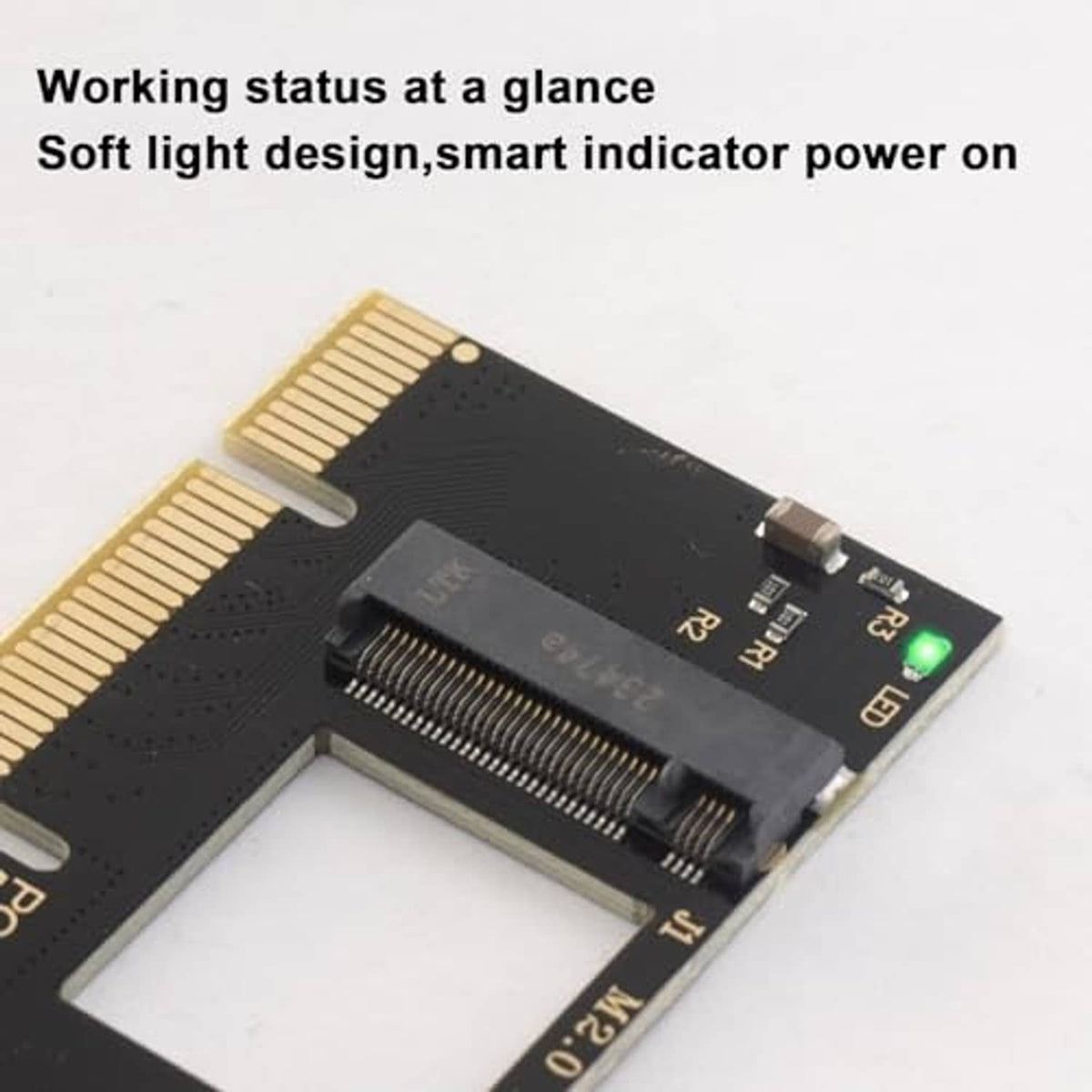 M.2 NVMe PCIe adapter card close-up with black controller chip and green LED