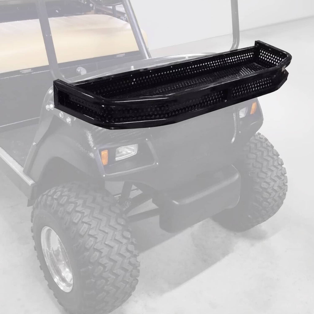 Black front golf cart basket with mounting brackets, perforated metal tray