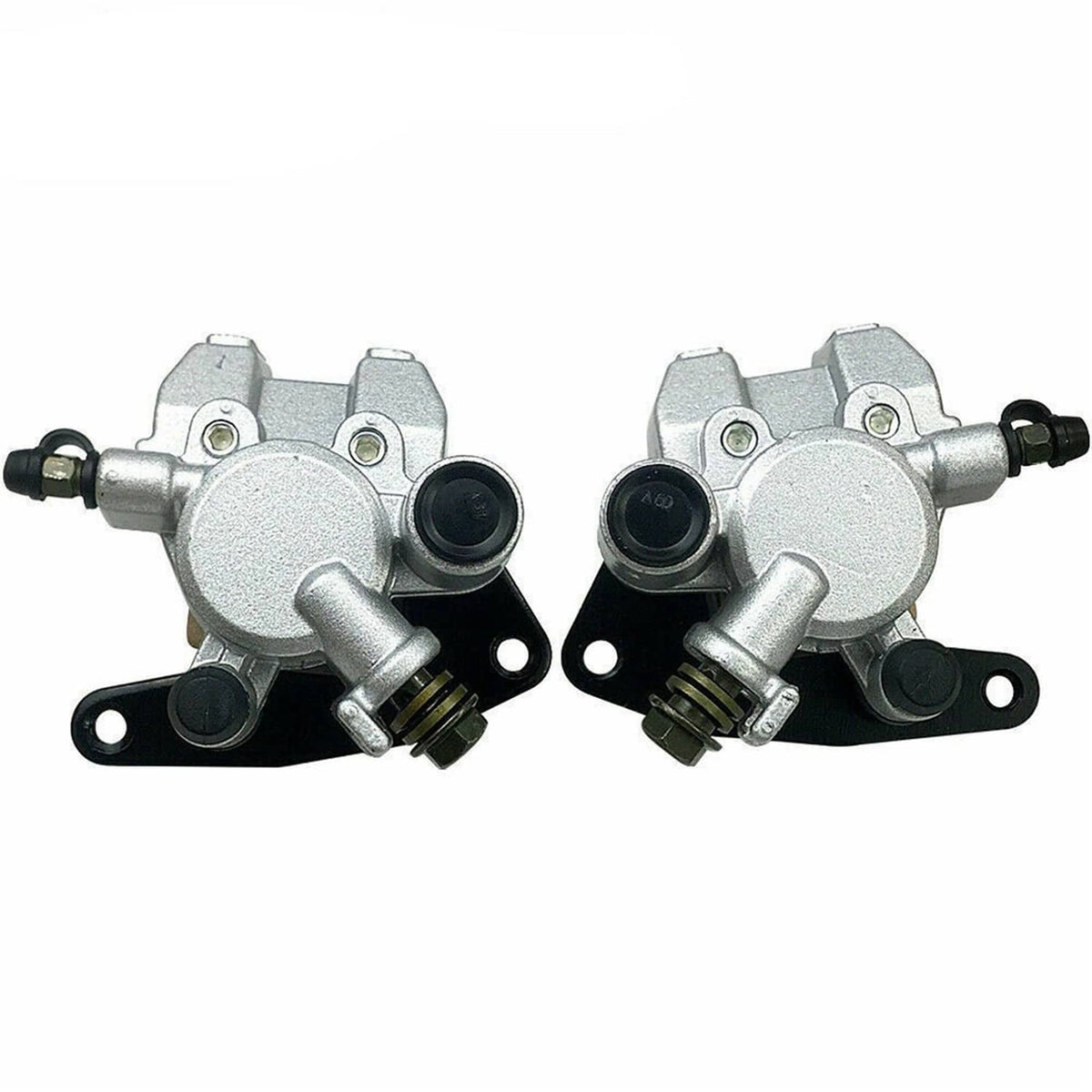 Front brake caliper assembly, silver metal housing with black rubber boots and pads
