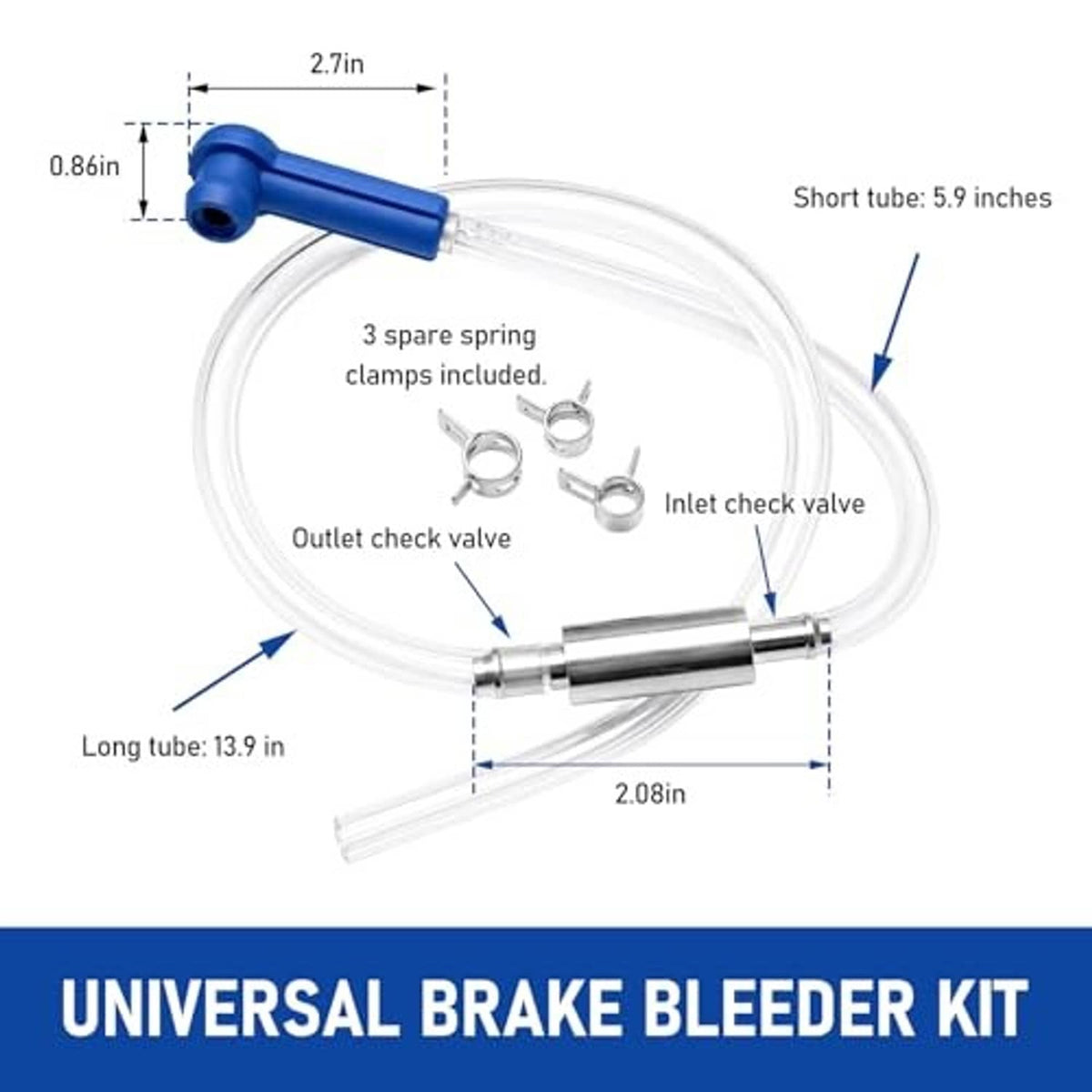 Brake bleeder kit with blue connector, clear tubes, metal inlet and outlet check valves