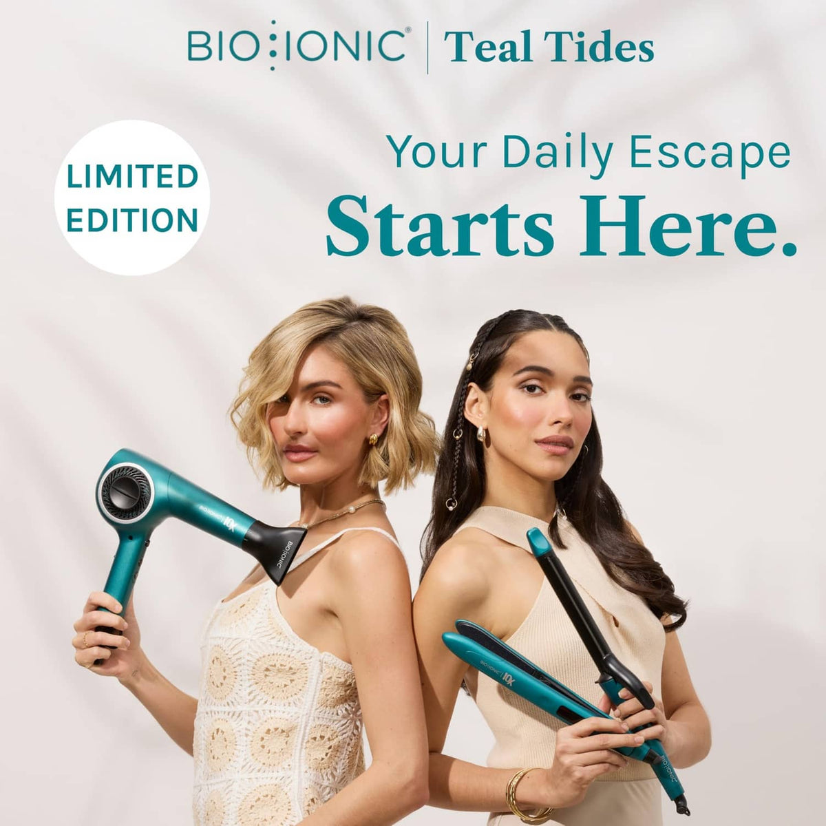 Bio Ionic Teal Tides limited edition curling irons in teal and black held by two women.