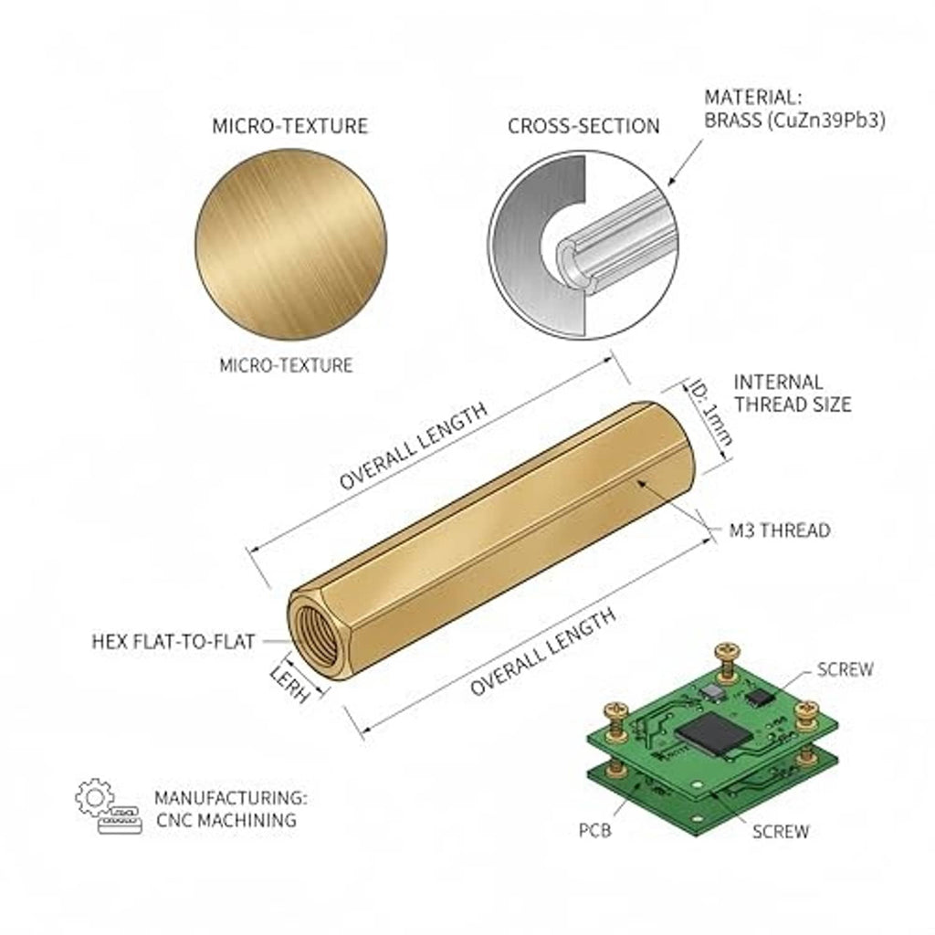 Brass long hex nut spacer with internal female thread, flat-to-flat hex body