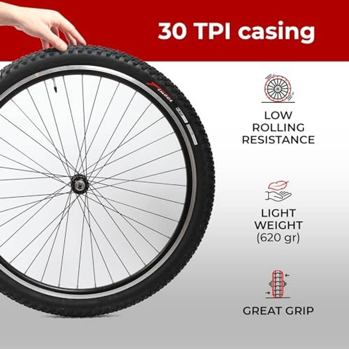 Mountain bike tire on wheel with tread for great grip and low rolling resistance