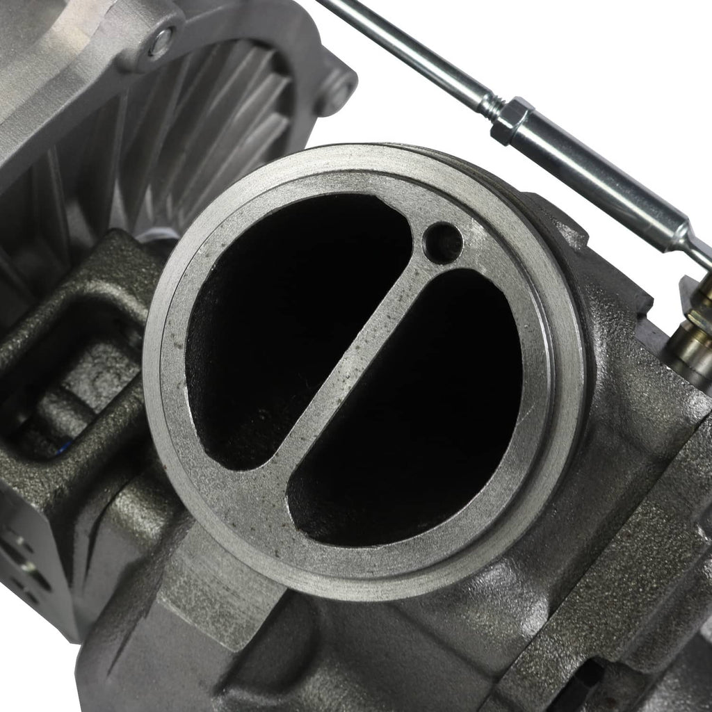 Turbocharger turbine inlet with dual-port opening and dark exhaust interior