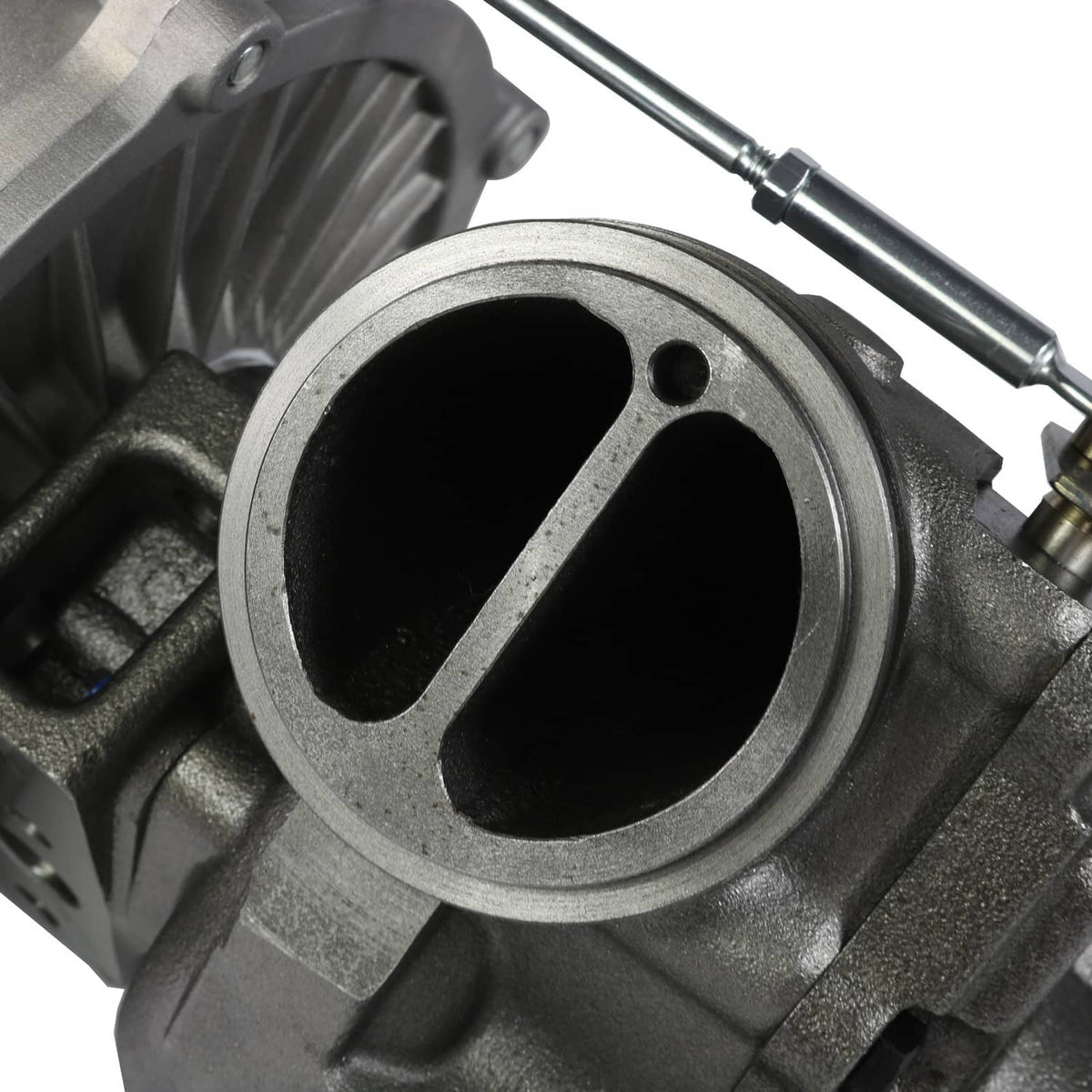 Turbocharger turbine inlet with dual-port opening and dark exhaust interior