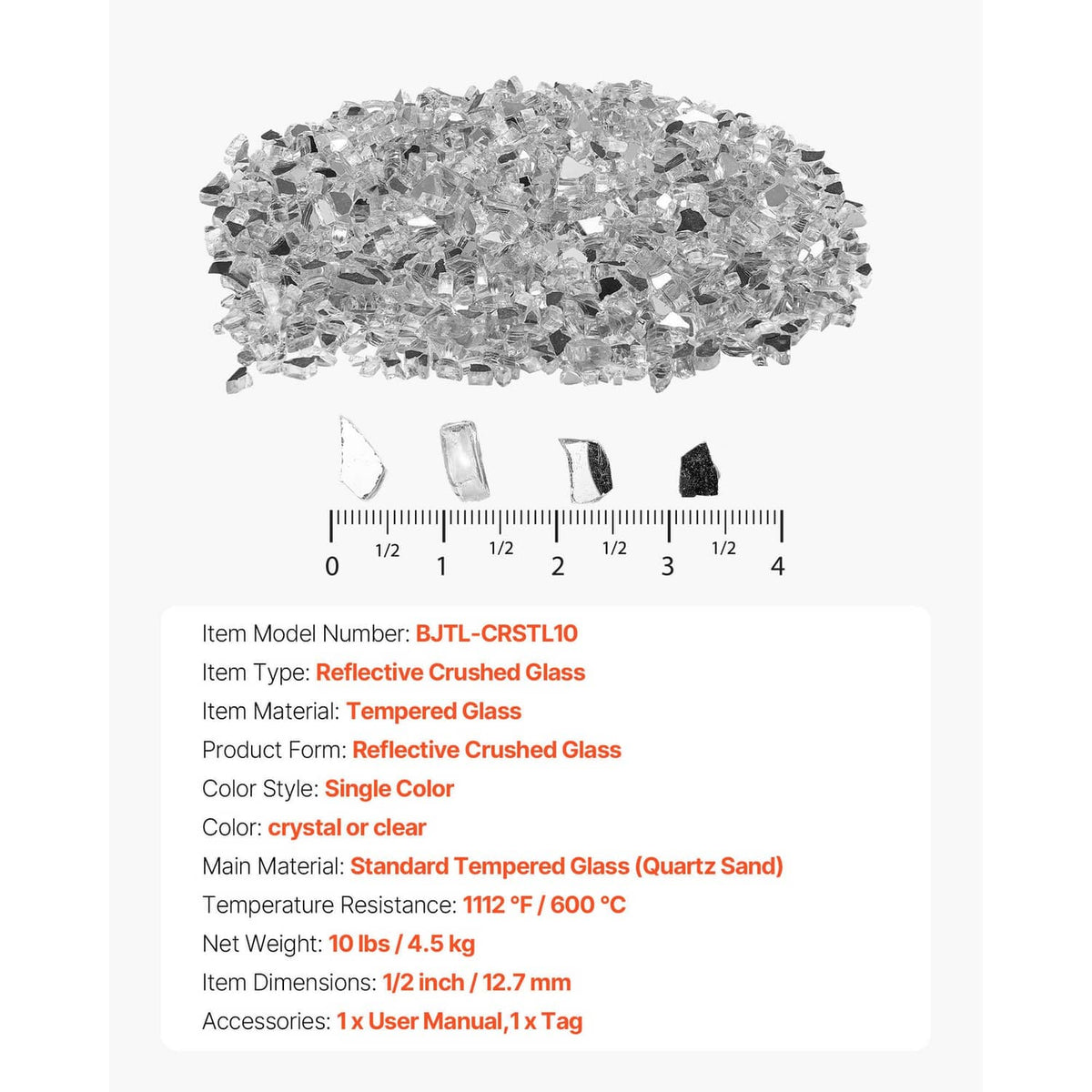 Clear crushed glass fire pit gems with size scale and sample pieces shown
