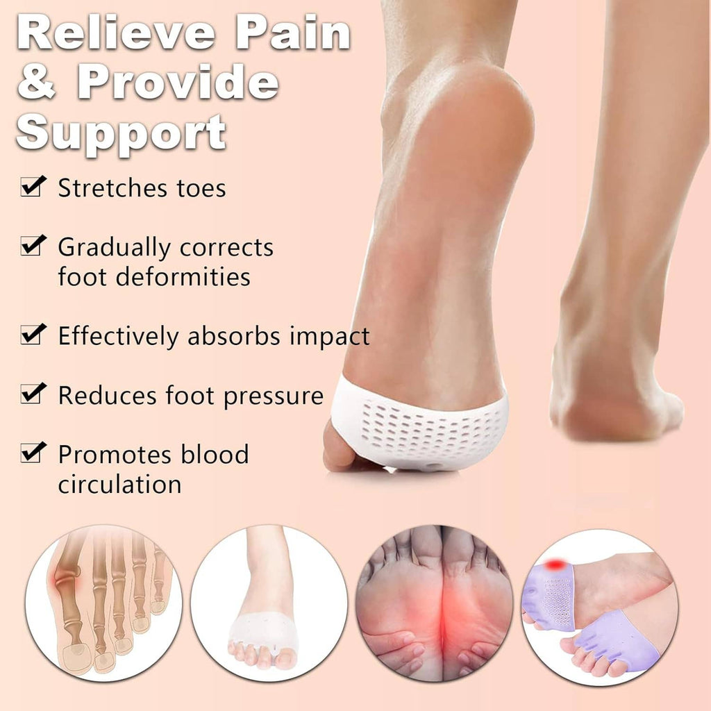 White silicone toe separator on foot, perforated pad cushions between toes.