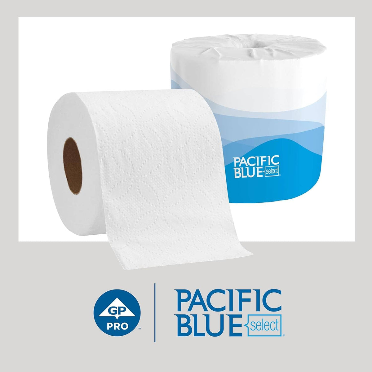 2-ply embossed toilet paper rolls, one in front with textured sheet and blue band