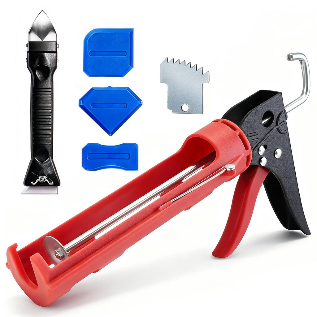 Red and black caulk gun with silver rod and included blue finishing tools