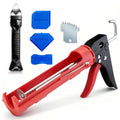 Red and black caulk gun with silver rod and included blue finishing tools