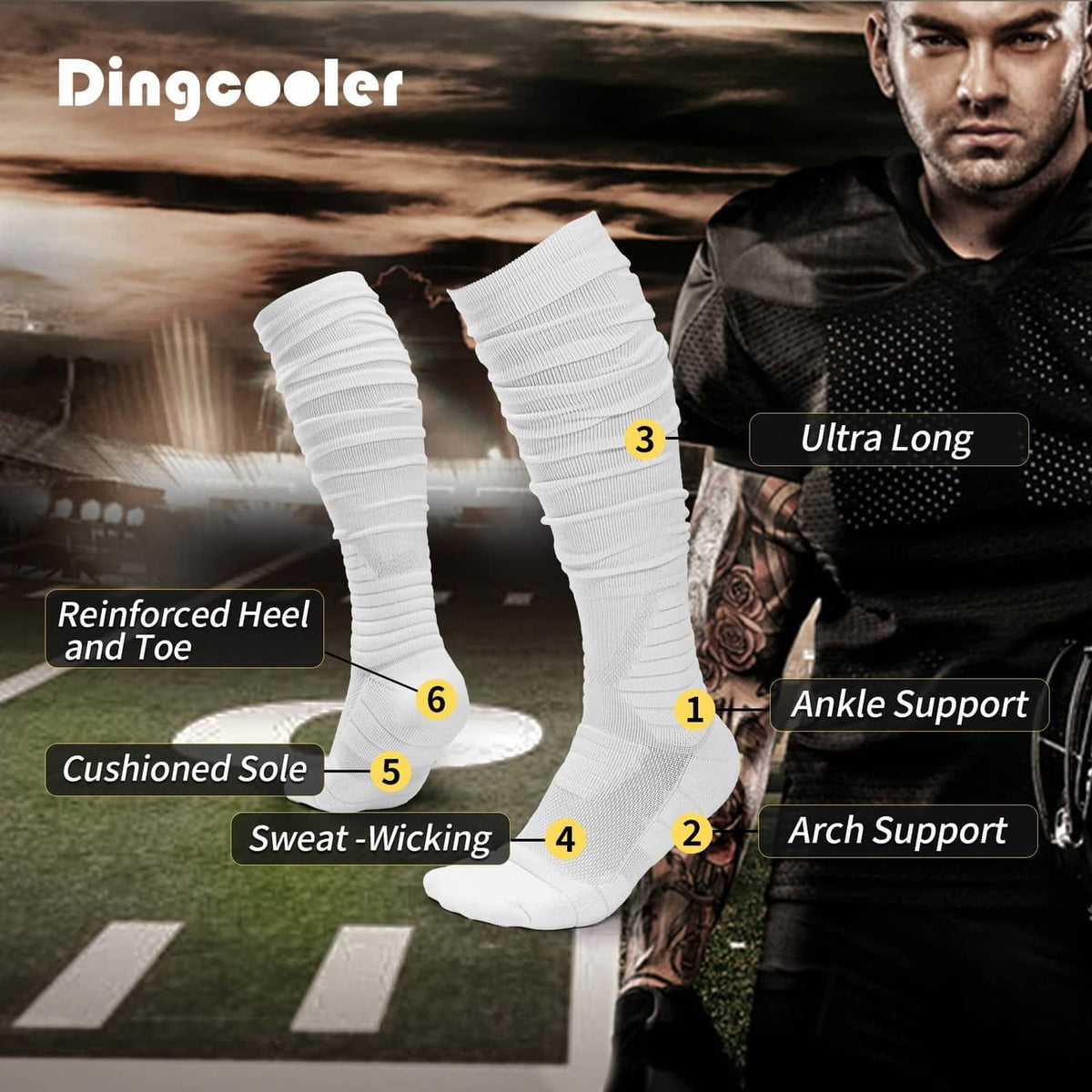 White extra-long football socks with ribbed leg and cushioned sole