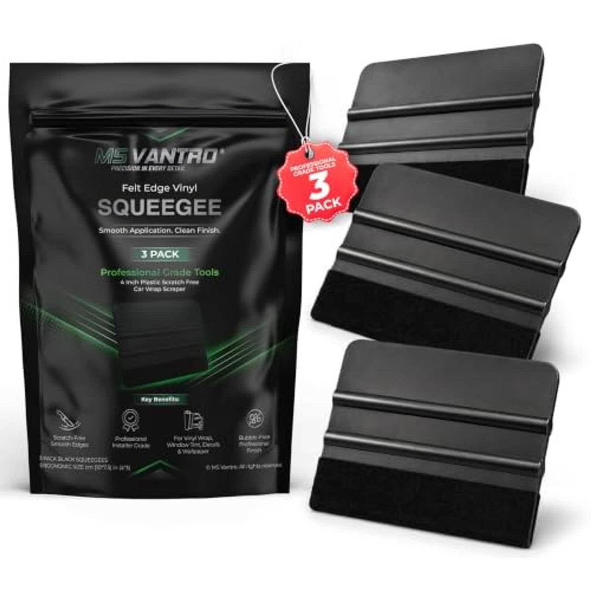 Set of 3 black felt-edge squeegees, plastic blades, shown with product pouch