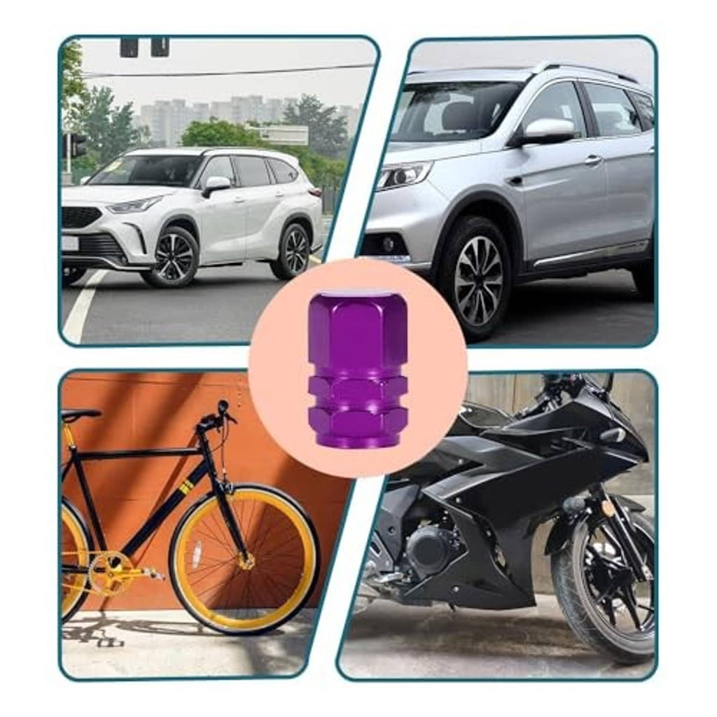 Purple hexagonal tire valve caps shown on multiple vehicles and accessories