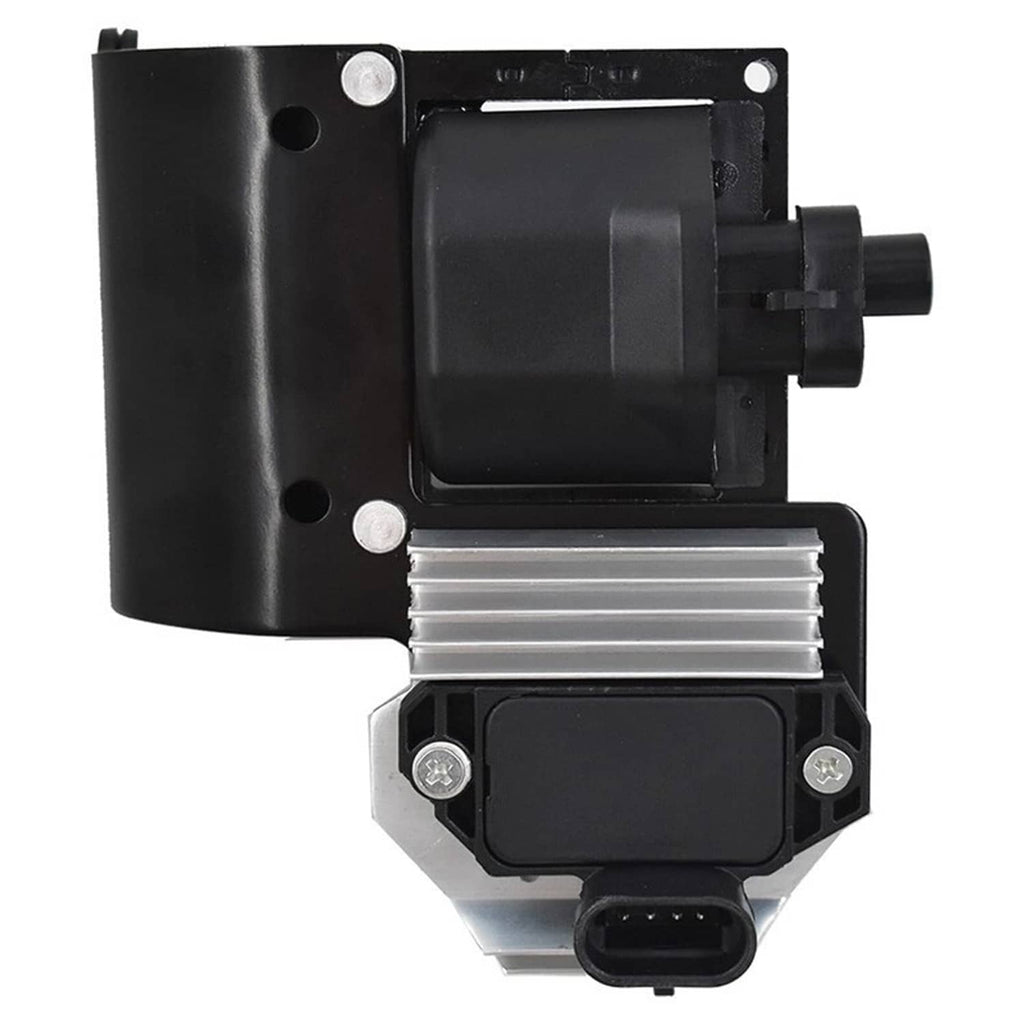 Black ignition coil module with metal mounting plate and electrical connector socket