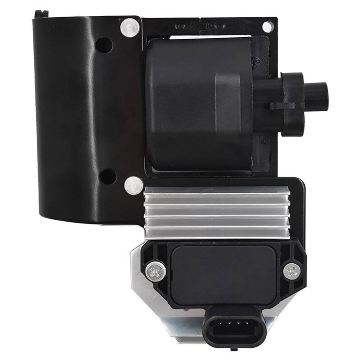 Black ignition coil module with metal mounting plate and electrical connector socket